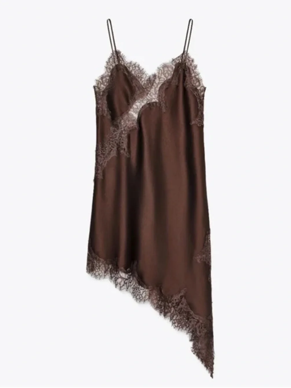 ZARA Satin Effect Chocolate Brown Lace Trim Asymmetric Slip Dress NWT - Picture 14 of 16